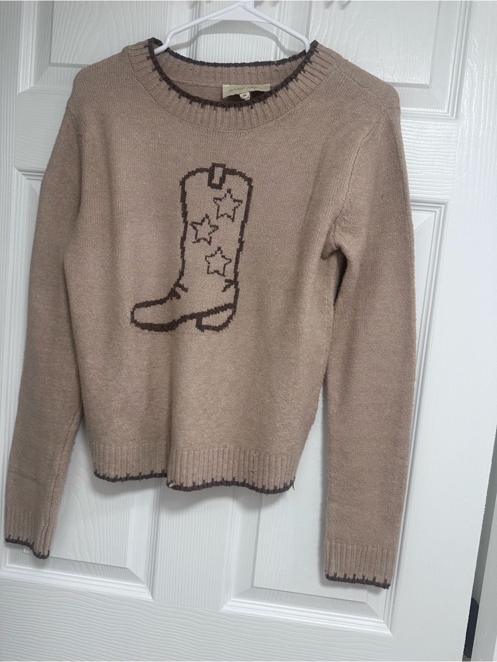 Beige Cowboy Boot Intarsia Crewneck Sweater NWOT